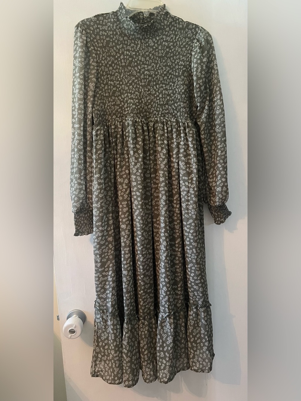 In Bloom Olive Green Floral Long Sleeve Smocked Maxi Dress